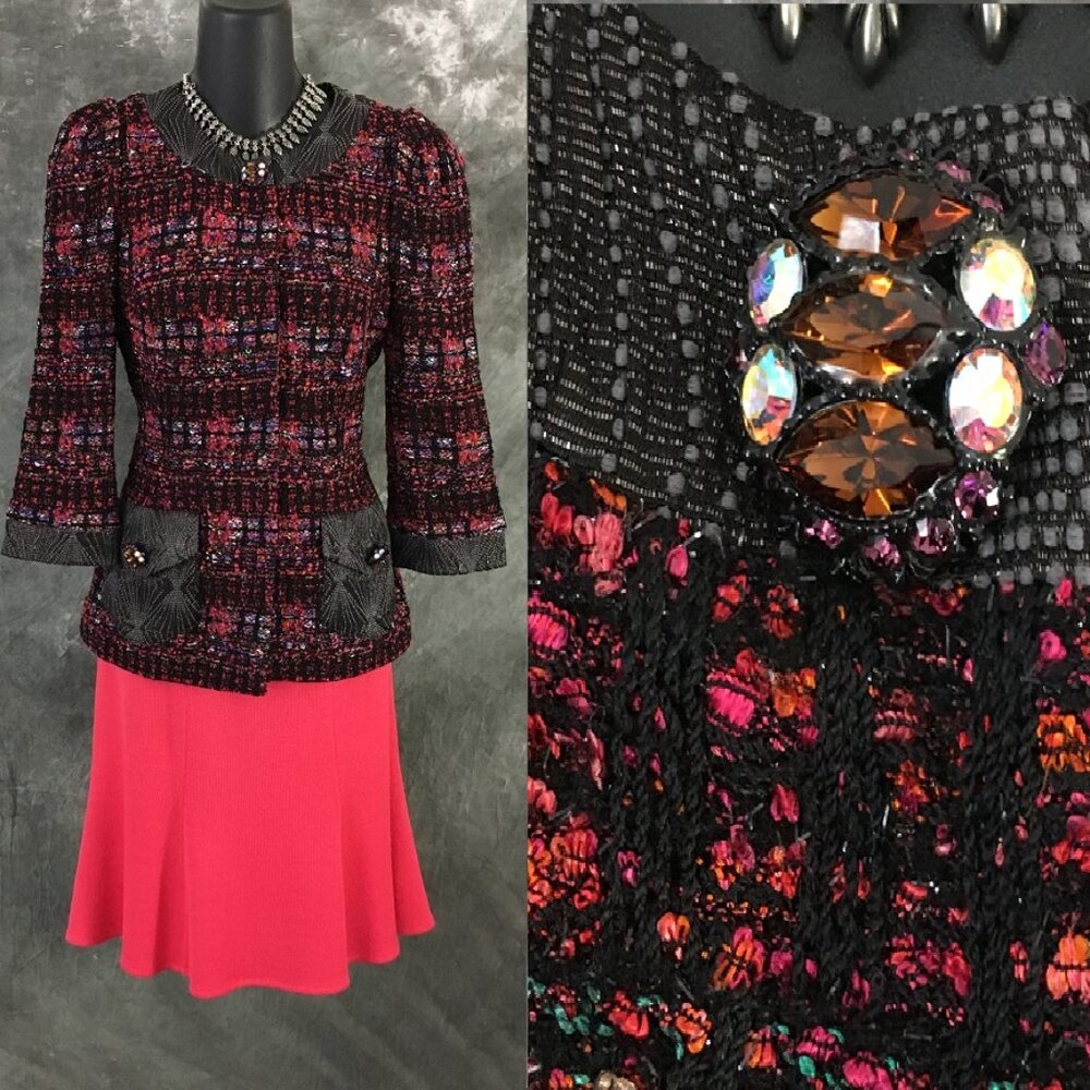 BEAUTIFUL st john couture knit redpink blue black rhinestones skirt suit 2 4